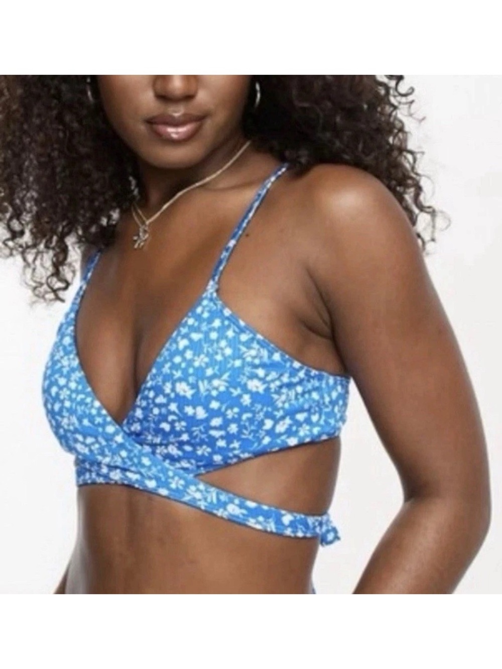Hollister Crossover Bikini Top Blue White Floral Size XL Tie Back